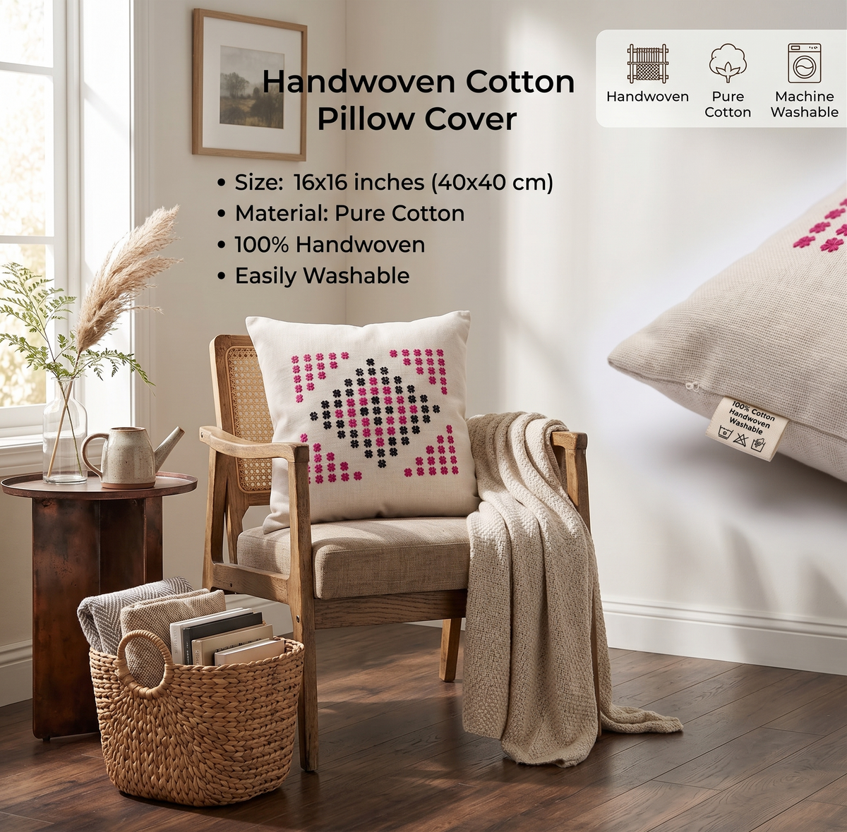 Minimalist Handwoven Cushion Cover in cotton, handcrafted – image 3 of 3