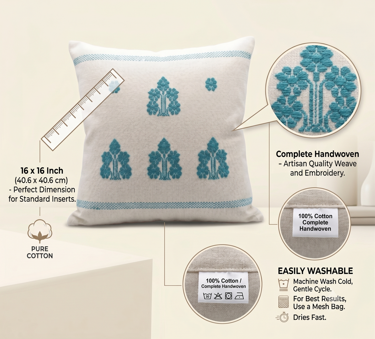 Floral Handwoven Cushion Cover in cotton, handcrafted – image 3 of 3