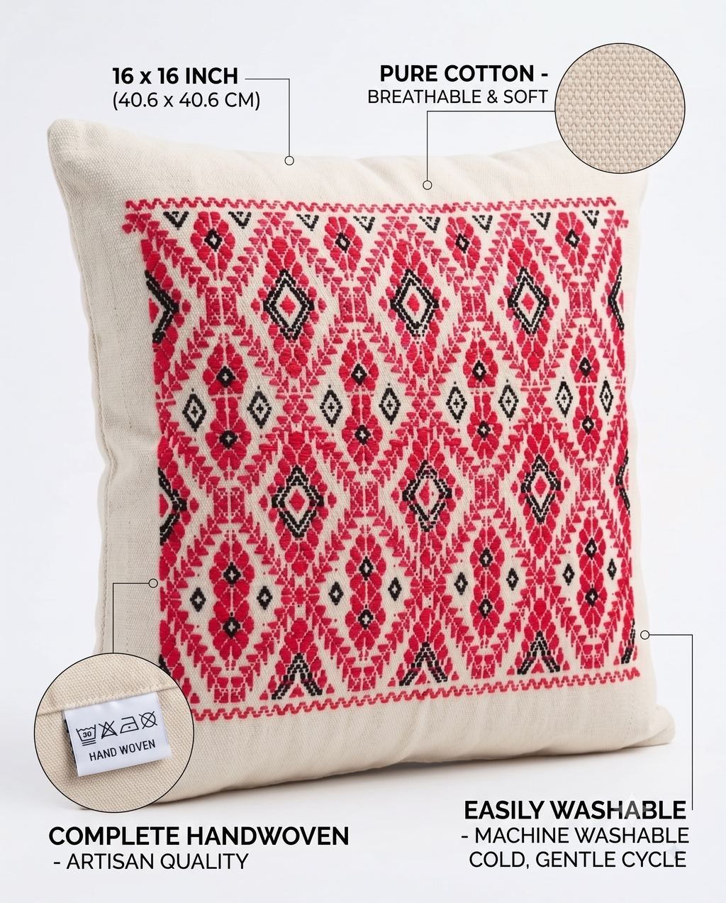 Crimson Diamond Cushion Cover in cotton handloom, handcrafted – image 3 of 3