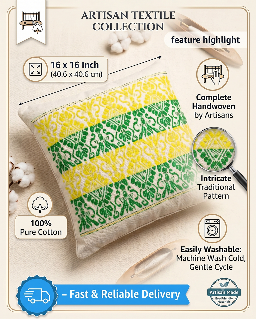 Yellow-Green Stripe Cushion Cover in cotton handloom, handcrafted – image 3 of 3