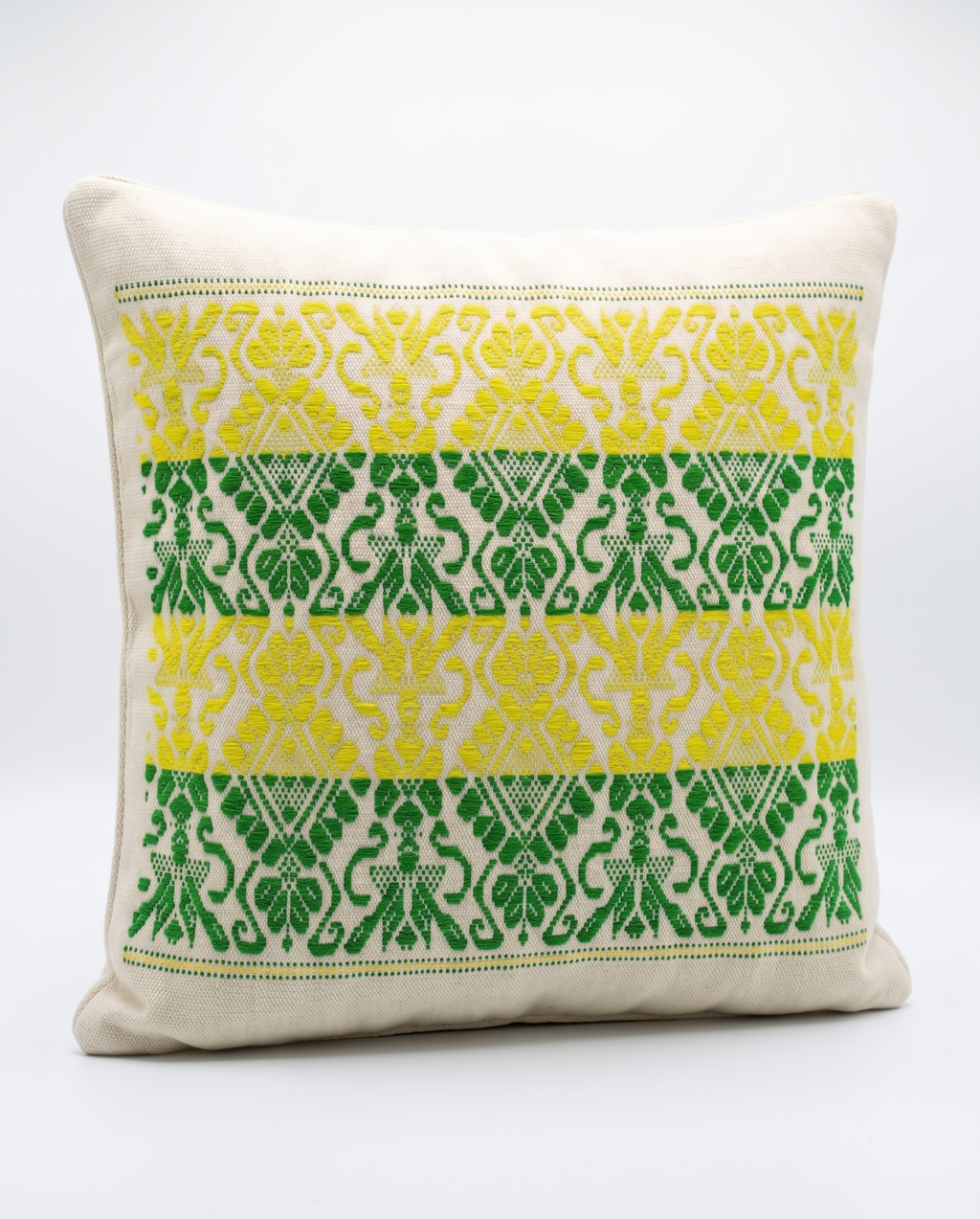 Yellow-Green Stripe Cushion Cover in cotton handloom, handcrafted – image 1 of 3