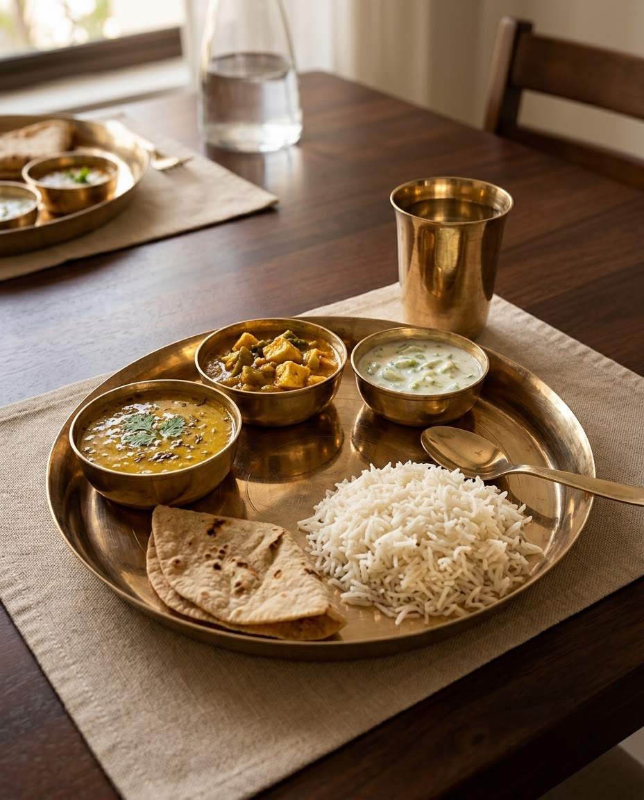 Baanhi Bell Metal Thali Set (Plate, Bowls & Glass)