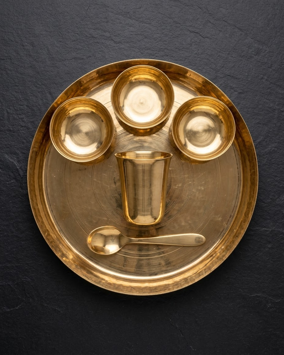 Baanhi Bell Metal Thali Set (Plate, Bowls & Glass)