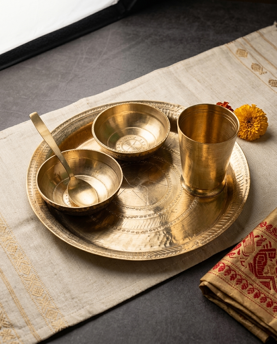 Brass Thali Set – Plate, Bowls & Tumbler