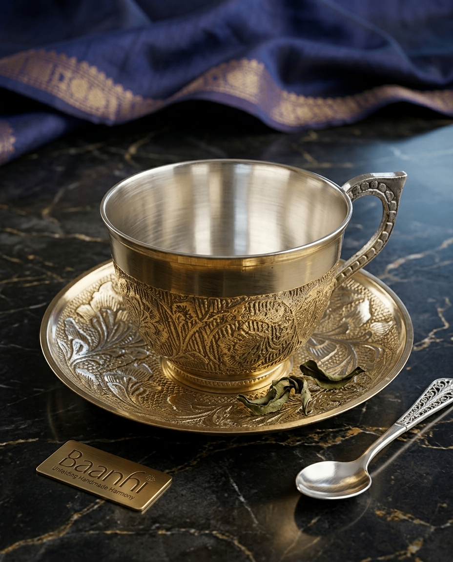 Engraved Brass Teacup & Saucer Set