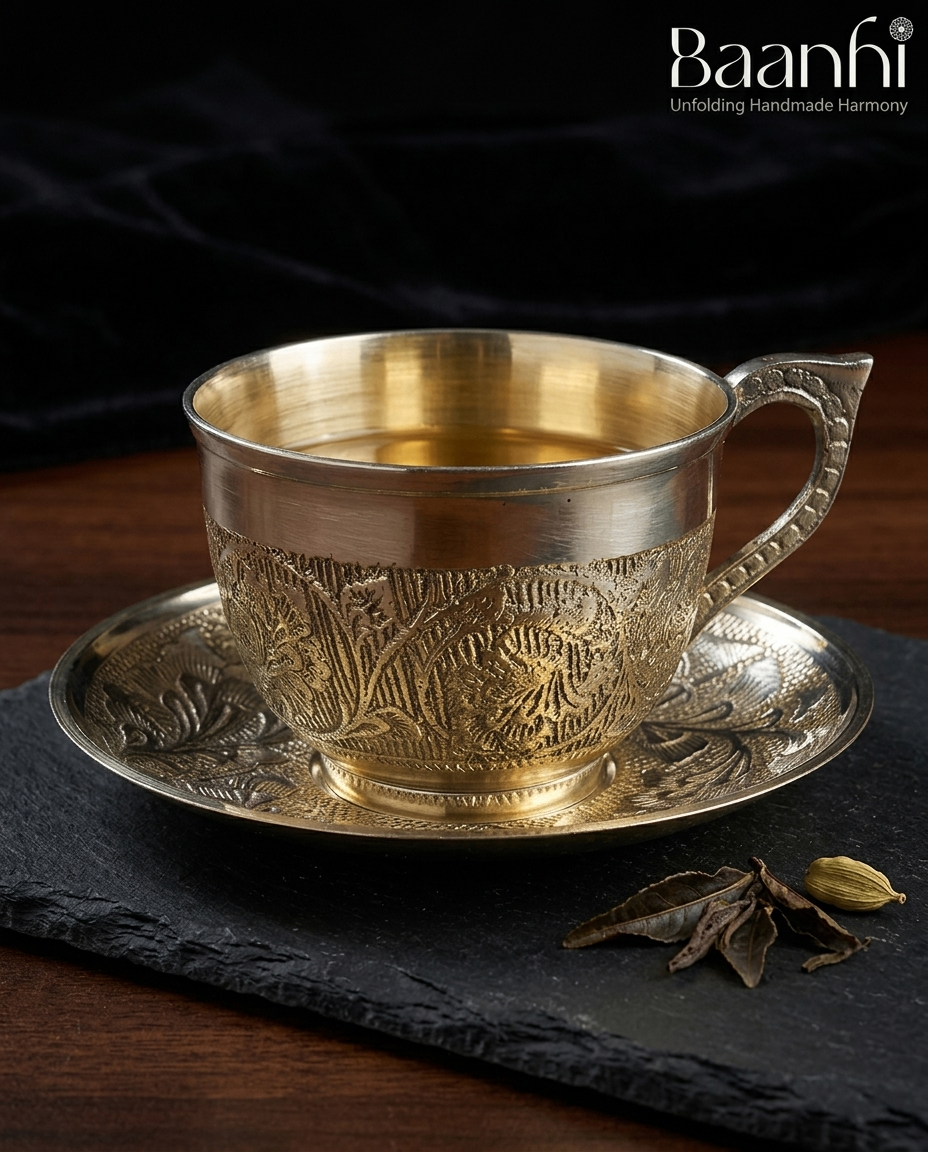 Engraved Brass Teacup & Saucer Set