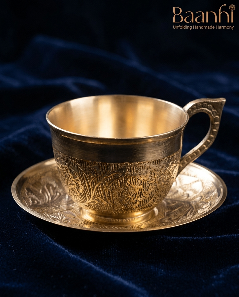 Engraved Brass Teacup & Saucer Set