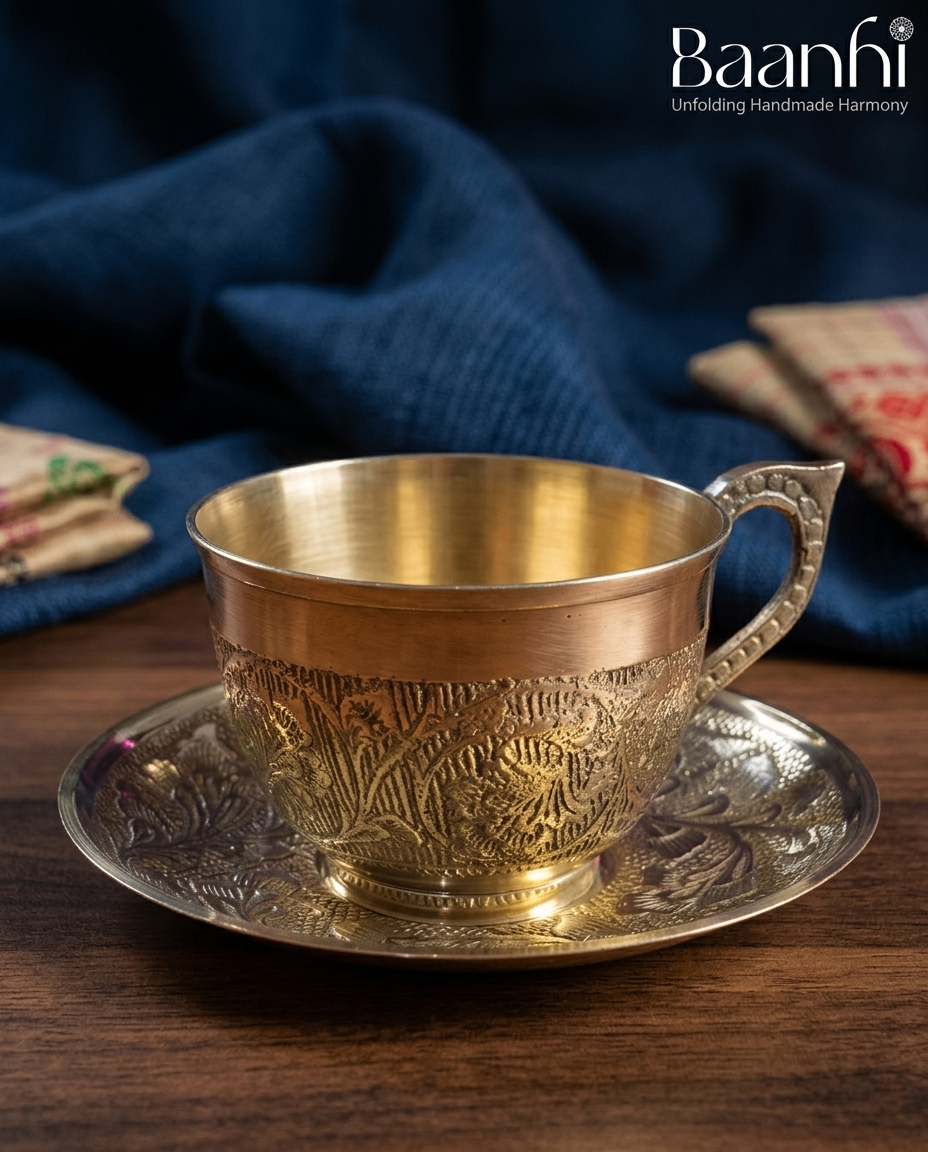 Engraved Brass Teacup & Saucer Set